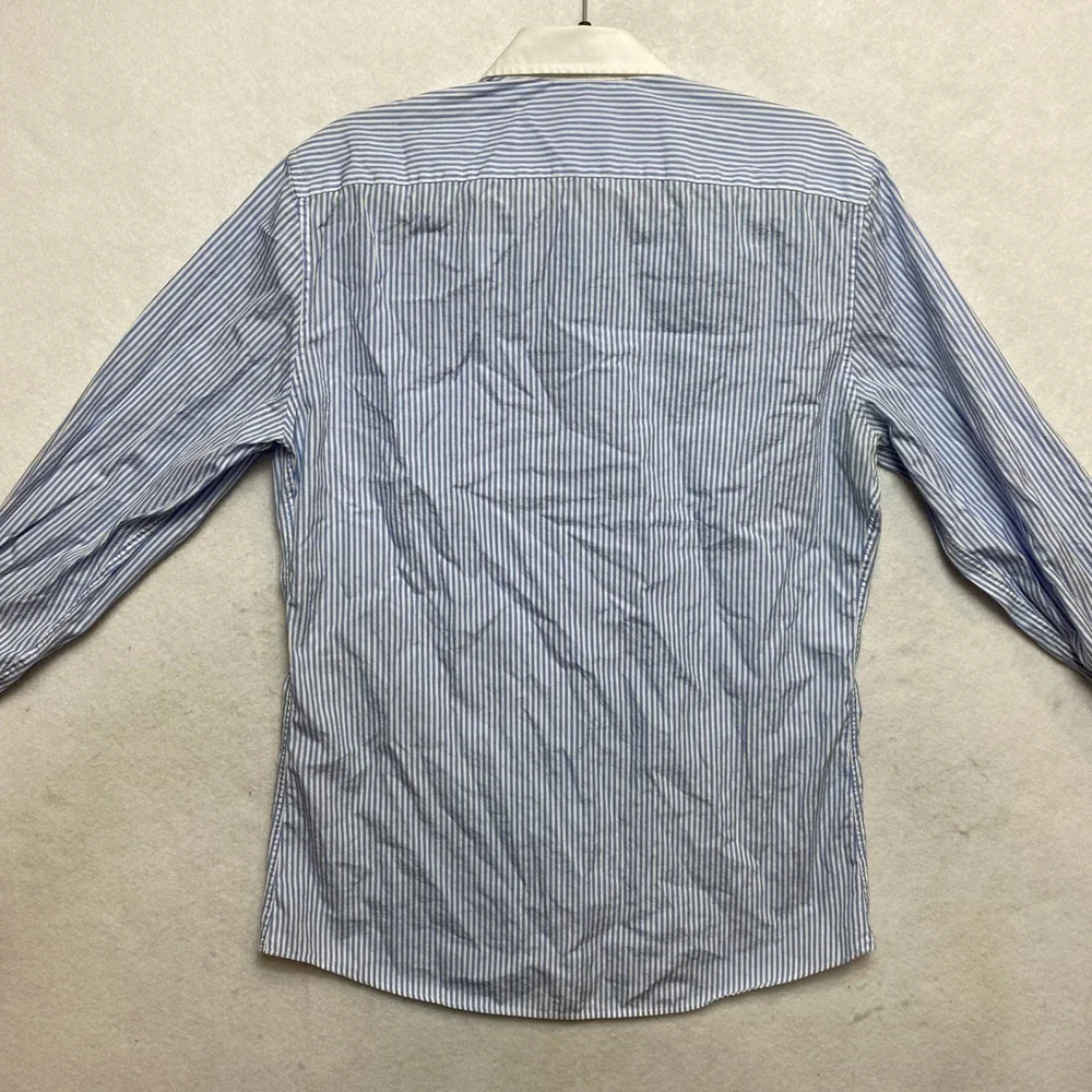 GUCCI Uniform Shirt Mens 16 Blue Long Sleeve White Collar Button Down Stripe
